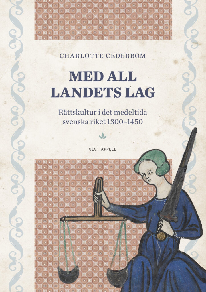 Bokomslag med medeltida illustration av en kvinna i blå klänning som håller en våg i ena handen och ett svärd i den andra, mot mönstrad bakgrund.
